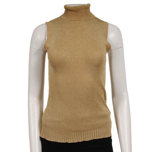 Dolce & Gabbana Women Glitter Sleeveless Turtleneck Top Medium Gold Vintage Logo - Picture 1 of 8